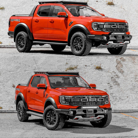 Ford Raptor with Rival 4x4 bull bar , 2 overall views showing bull bar fitted